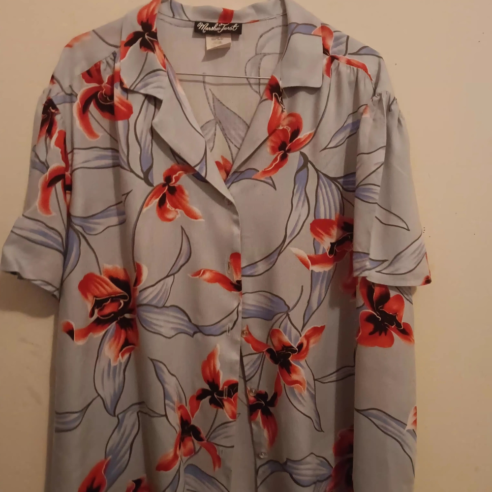 Vintage Marsha Furst Hawaiian Button Shirt Women’s 42 (2X) Rayon Gray Floral